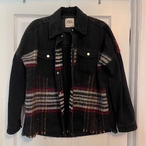 Zara Black and Plaid Denim Jacket